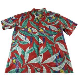 Red Hawaiian Shirt Fast Breakers Mens Size Large Vintage Tropical Leaf Parrot